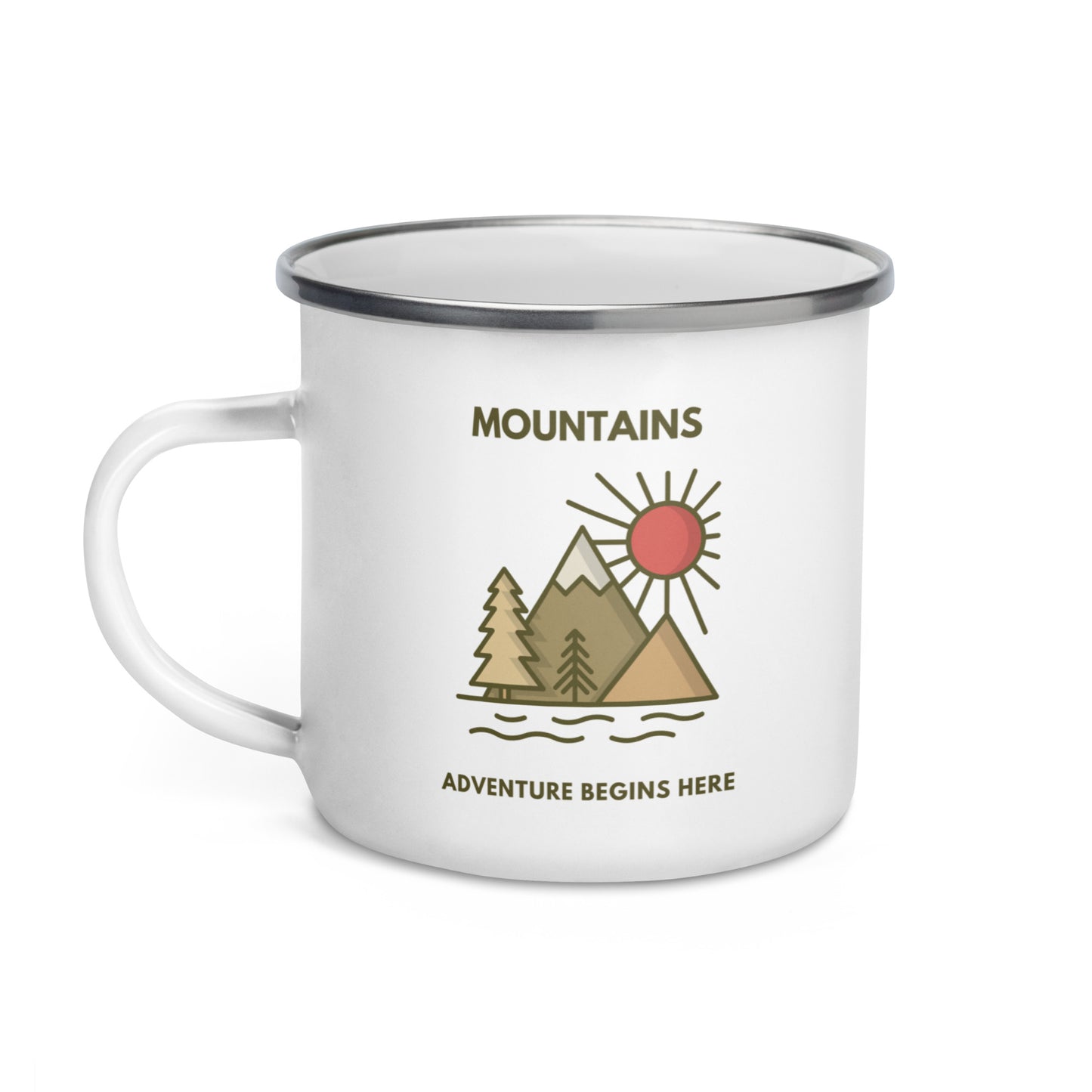 Enamel Mug 'Mountains. Adventure begins here'