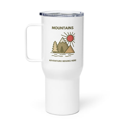 Travel mug with a handle 'Mountains. Adventure begins here'